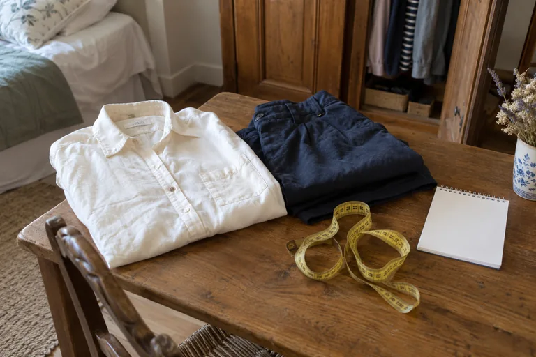 Une chemise claire, un pantalon bleu, un mètre ruban et un carnet sur une table