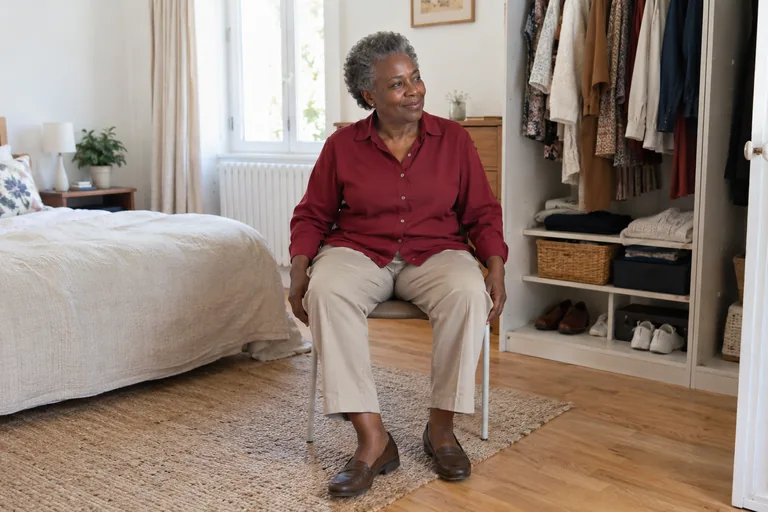Une femme en chemisier bordeaux et pantalon beige est assise sur une chaise devant son armoire
