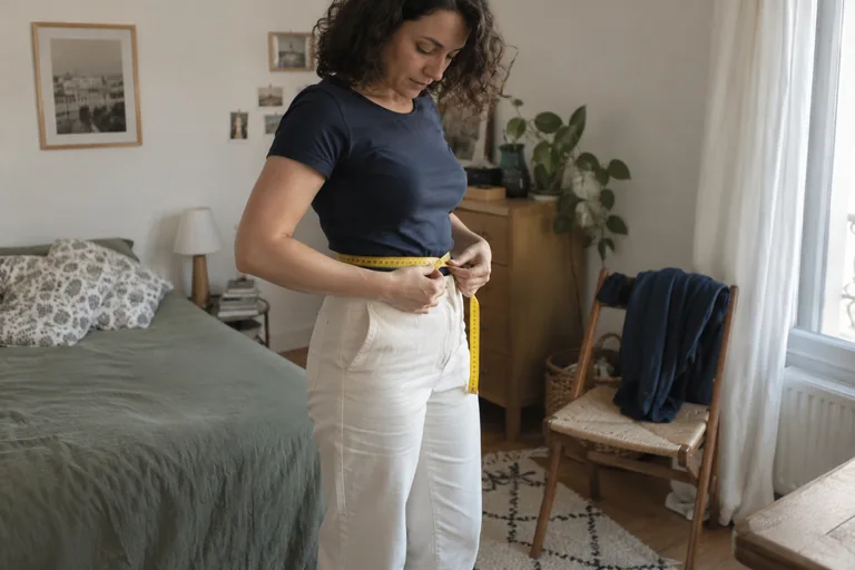 Une femme en tee-shirt bleu marine tient un mètre ruban jaune autour de sa taille