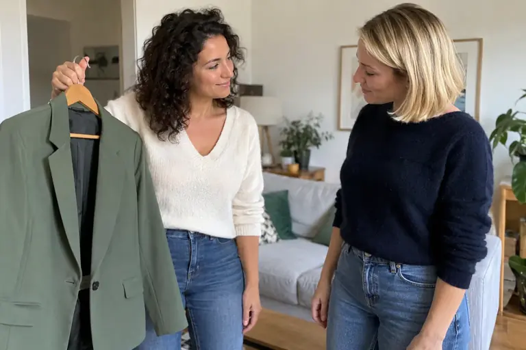 Deux amies examinent une veste verte avant un prêt de vêtement