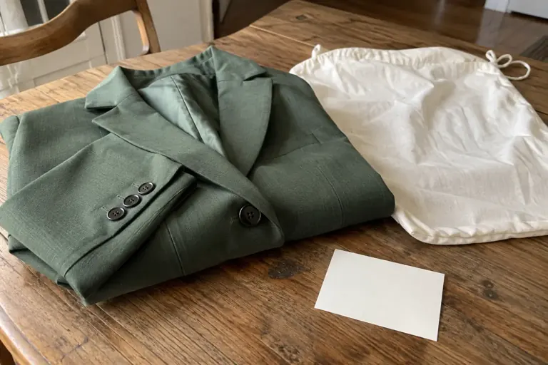 Une veste verte, une housse réutilisable et une petite carte sont préparées sur une table
