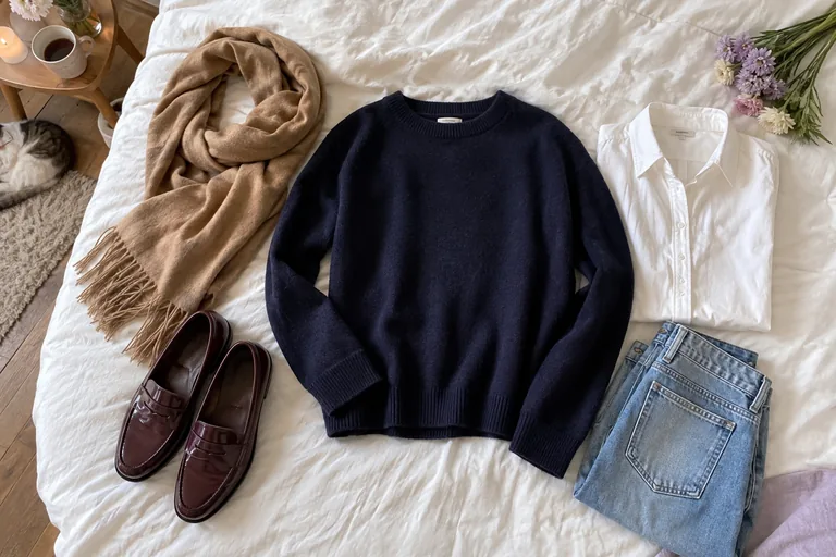 Un pull bleu marine posé sur un lit entouré d’une écharpe camel, d’une chemise blanche, de mocassins bordeaux et d’un jean clair