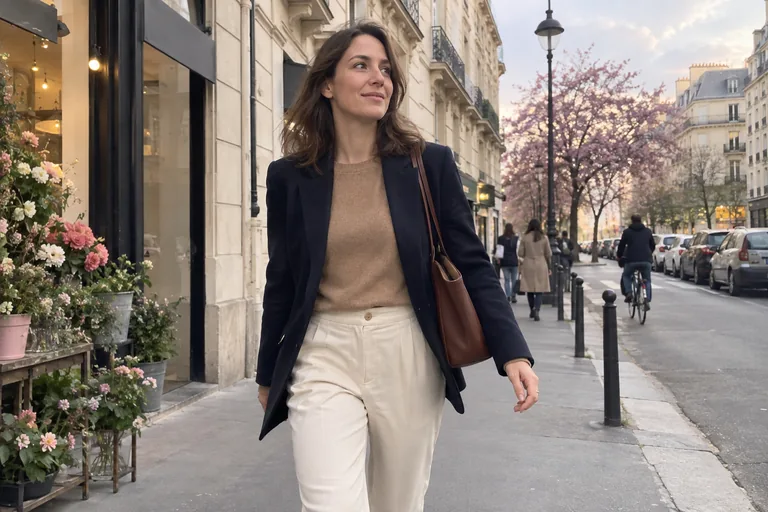 Une femme marche dans une rue parisienne en blazer bleu marine, pull camel et pantalon crème