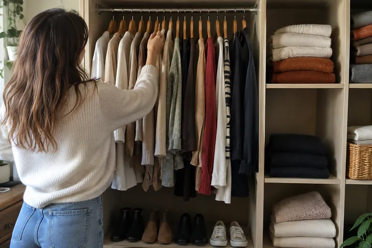 Un dressing ouvert parfaitement rangé, vêtements sur cintres en bois classés par couleur