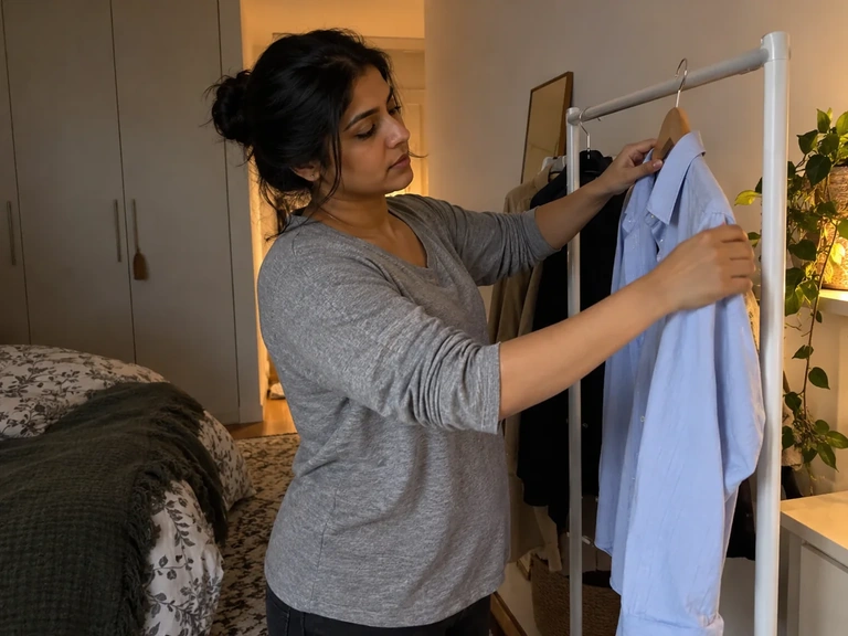 Une femme suspend une chemise déjà portée sur un portant séparé