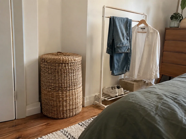 Un panier à linge est séparé d’un portant de vêtements à reporter