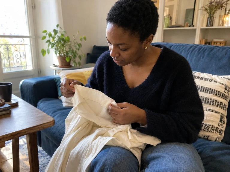 Une femme examine le col d’une chemise après l’avoir portée
