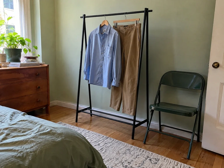 Un petit portant accueille seulement deux vêtements prêts à reporter