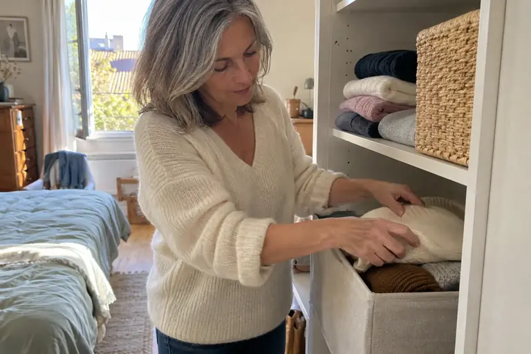 Une femme range des pulls secs dans un contenant textile dans son armoire