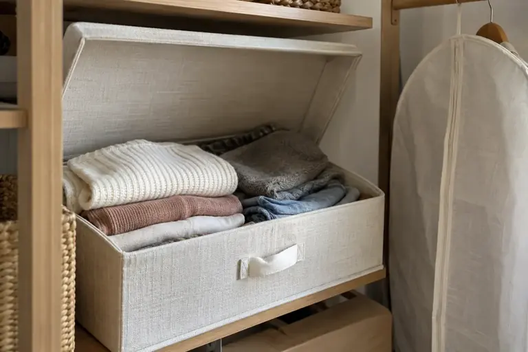 Des vêtements pliés sans forte compression reposent dans une boîte de rangement ouverte