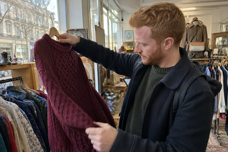 Un pull est observé à la lumière d’une vitrine