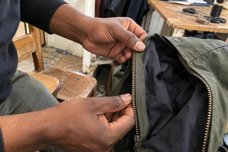 Une fermeture et sa doublure sont examinées sur une veste