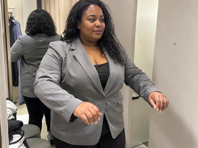 Une femme teste le mouvement d’une veste pendant un essayage