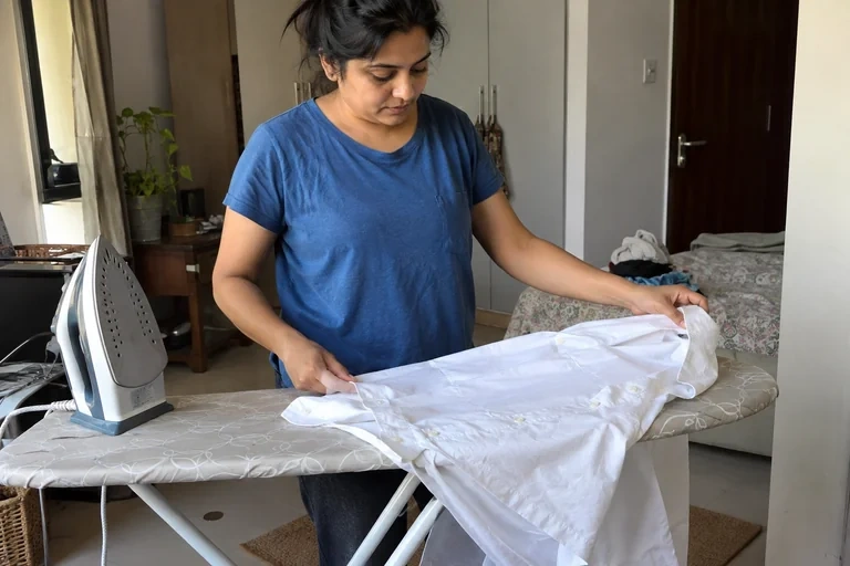Une femme prépare une chemise sur une table à repasser