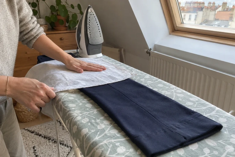 Un pantalon est protégé par un tissu fin avant repassage