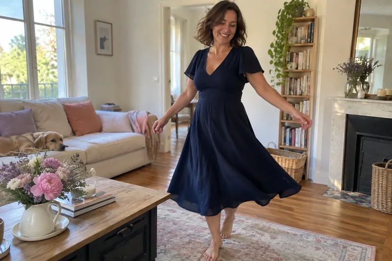 Une femme tourne sur elle-même dans une robe trapèze bleu marine mi-longue, pieds nus dans un salon lumineux