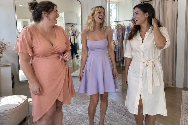 Trois femmes aux silhouettes différentes rient ensemble en essayant une robe portefeuille, une robe trapèze et une robe chemise
