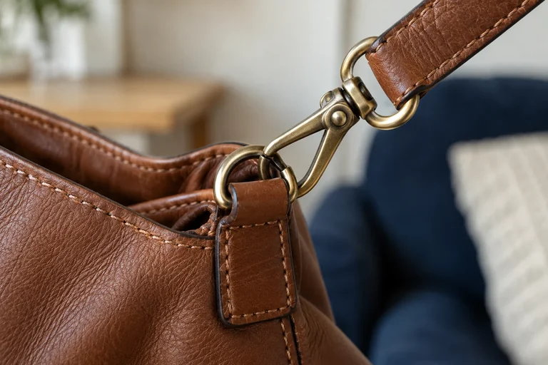 A closed snap hook connecting a strap to a bag ring