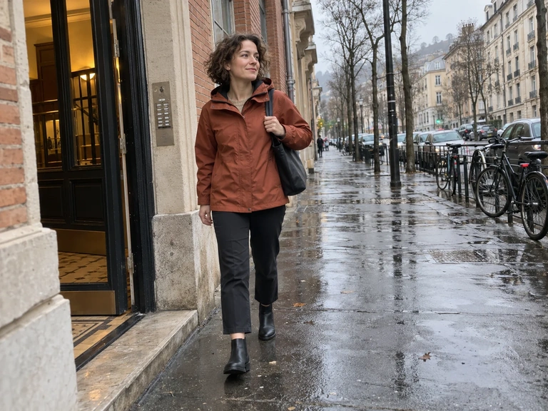 Une femme en veste de pluie rouille marche devant un immeuble en briques