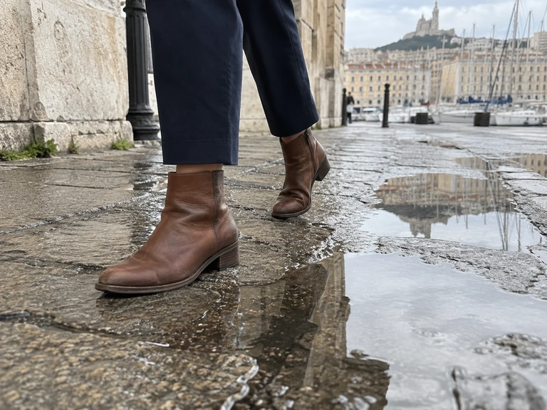 Un pantalon court et des bottines au bord d’un trottoir mouillé