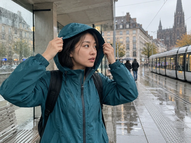 Une femme ajuste la capuche de sa veste devant un arrêt de tram