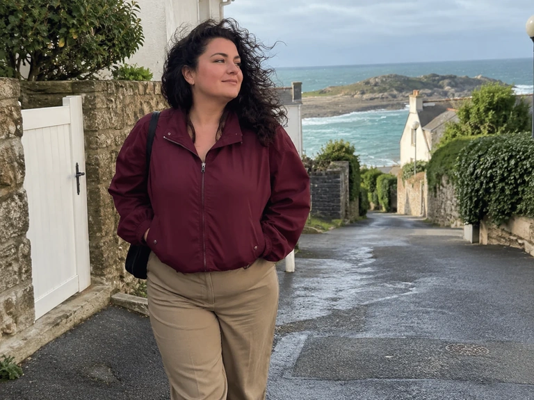 Une femme ferme une veste courte dans une rue venteuse