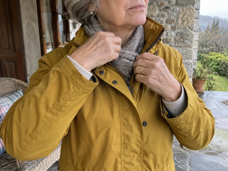 Une femme rentre les pans de son écharpe dans sa veste