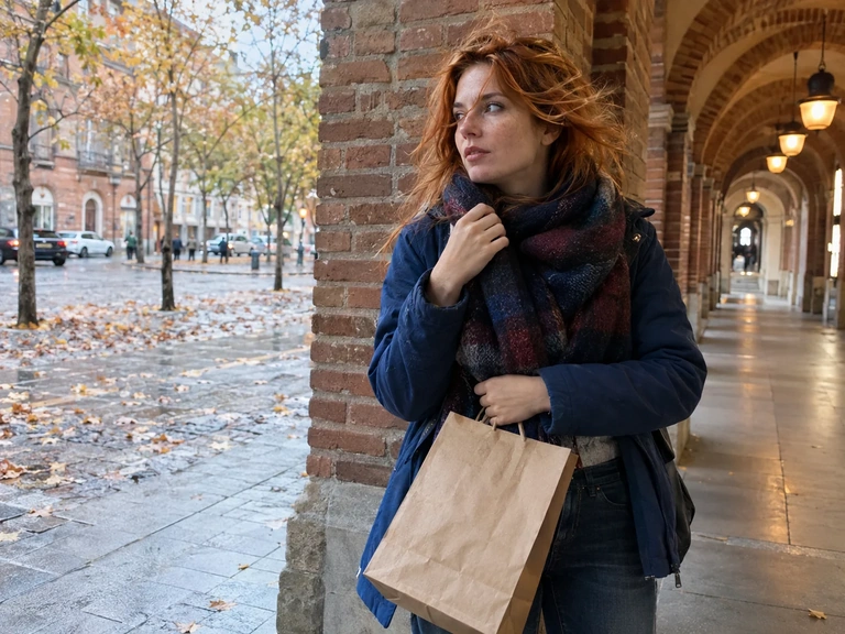 Une femme attend sous une arcade avec sa veste fermée