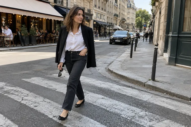 Une femme traverse une rue parisienne en chemise blanche, jean brut et blazer noir sur les épaules