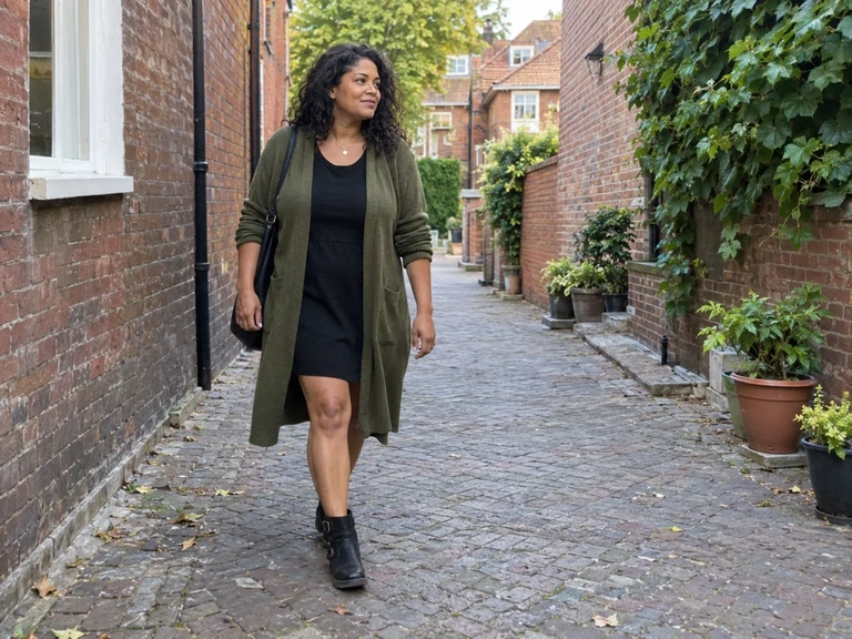 Une femme porte un cardigan long ouvert sur une robe