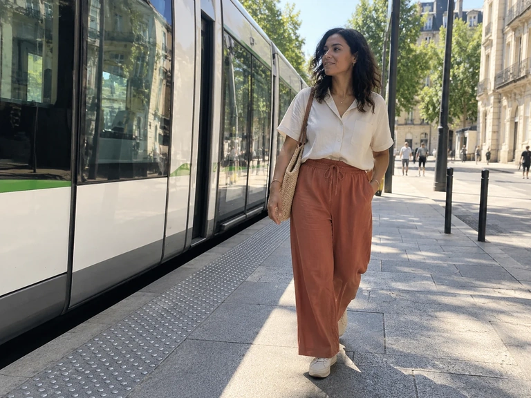 Une femme en pantalon ample et haut clair quitte un tram en été