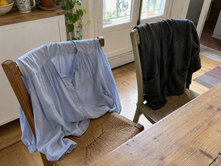 Un haut léger et une veste fine sont posés sur des chaises