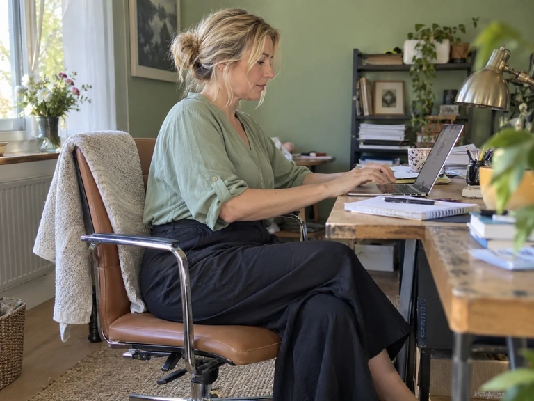 Une femme vérifie sa tenue assise à son bureau