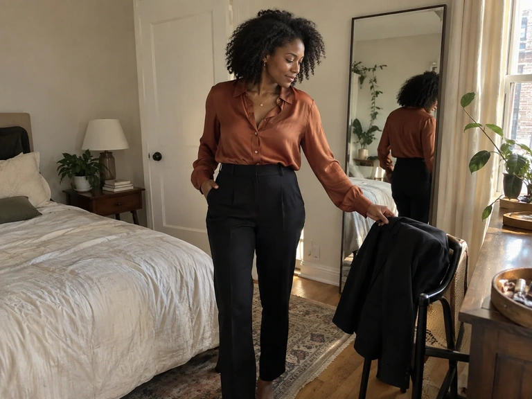 Une femme prépare une tenue de base avec une veste posée sur une chaise
