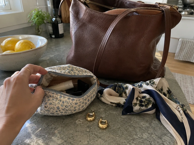 Quelques accessoires et une petite pochette sont préparés près d’un sac