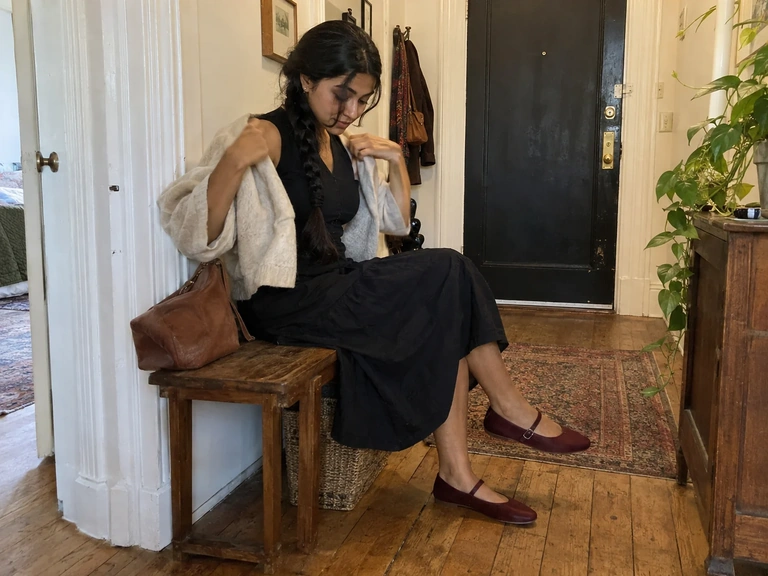 Une femme ajuste sa veste en gardant les mêmes chaussures plates