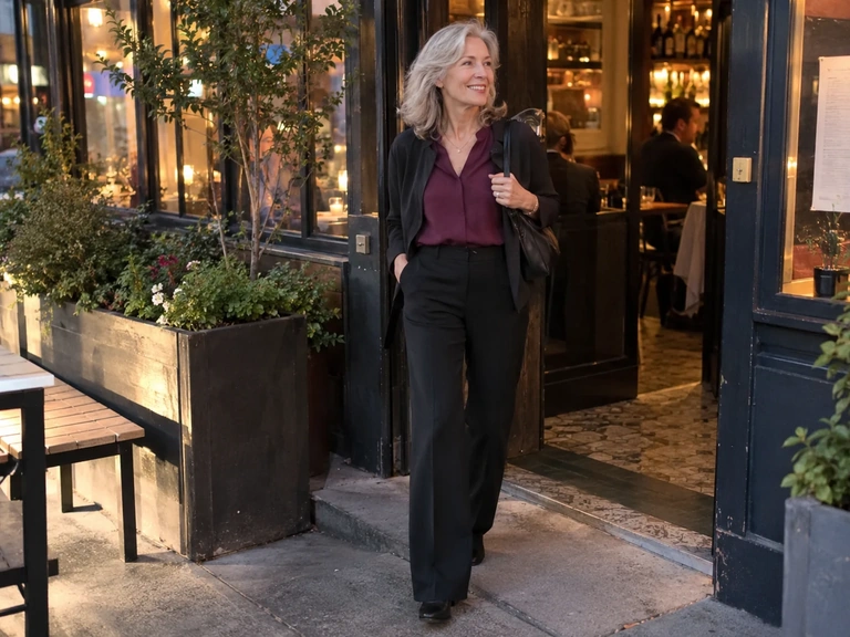 Une femme rejoint un restaurant en début de soirée