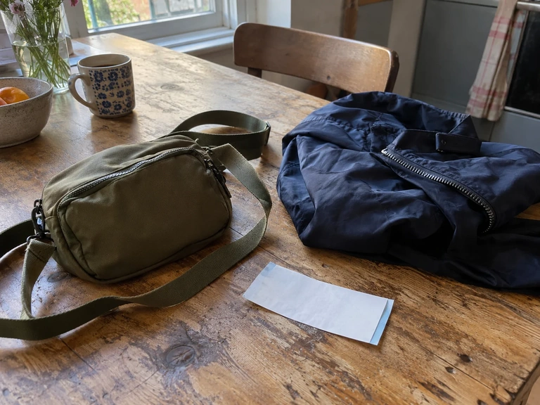 Une veste compacte et un petit sac sont préparés sur une table