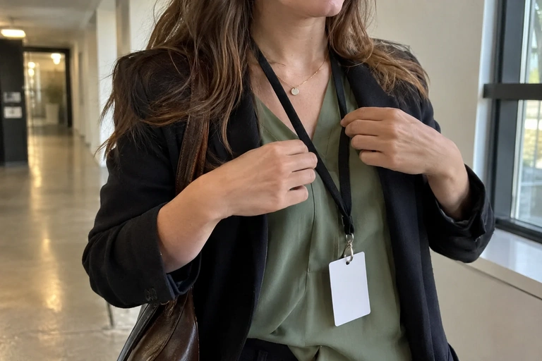 Une participante vérifie la position de son badge sur sa veste