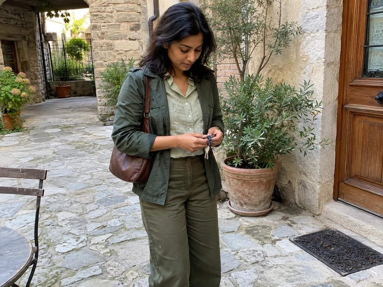 Une femme porte plusieurs nuances de vert dans une cour