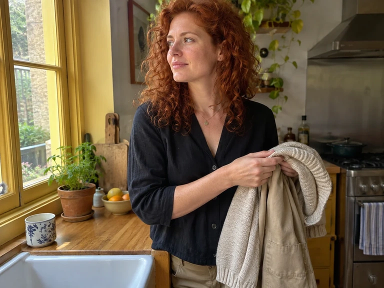 Une femme compare un pull beige et un pantalon sable près de la fenêtre