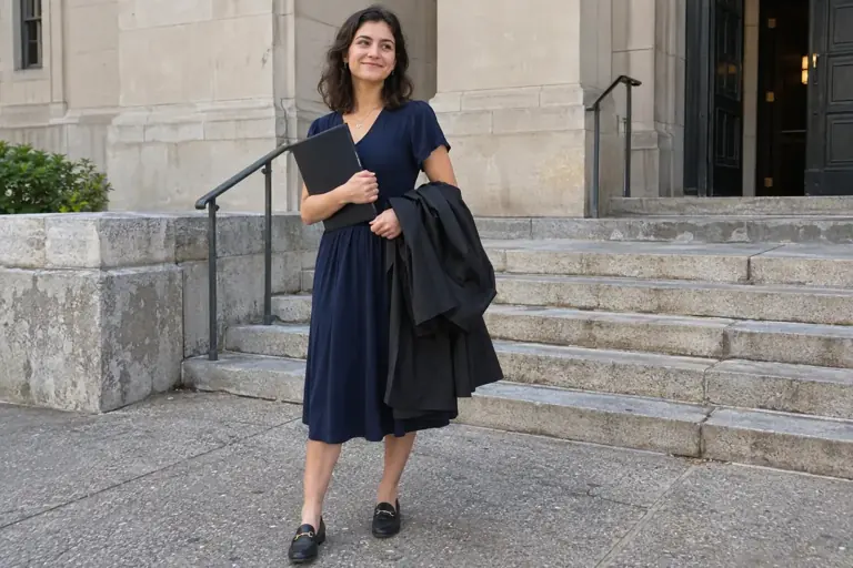 Une femme en robe bleu marine et chaussures plates tient un dossier devant un bâtiment de cérémonie