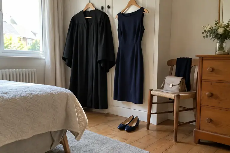 Une toge et une robe sont préparées avec des chaussures plates et un petit sac