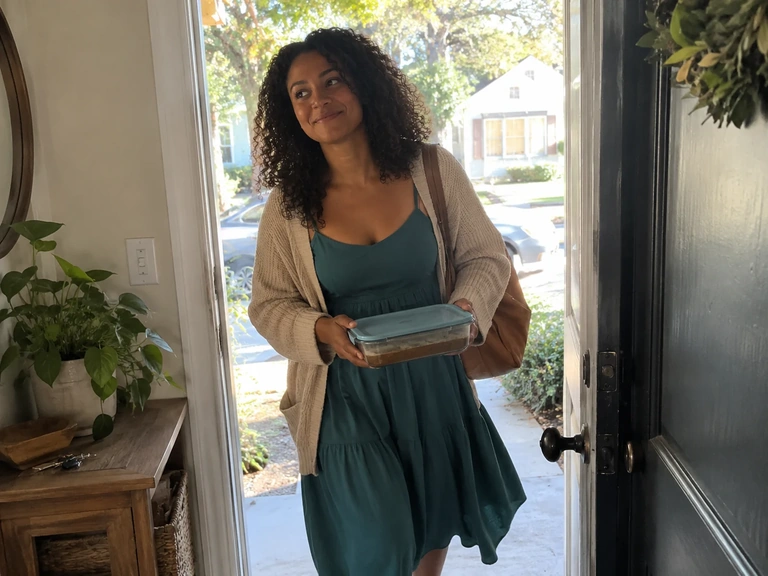 Une femme arrive pour un repas de famille avec une tenue simple