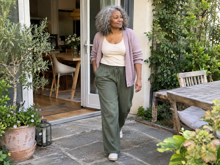 Une femme sort sur une terrasse avec un cardigan léger