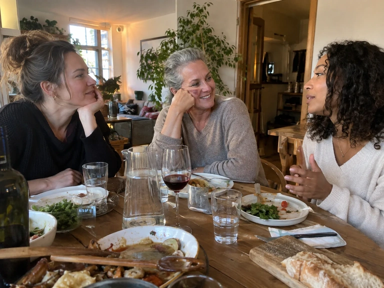 Des proches discutent autour de la table après un repas