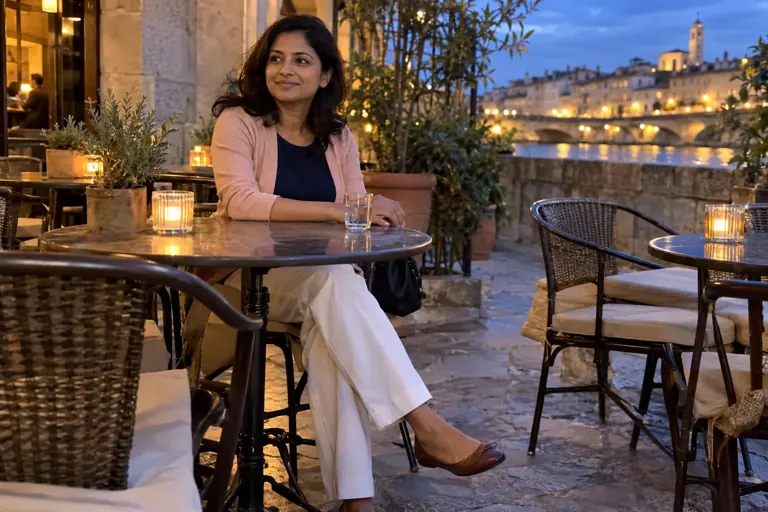 Une femme porte un cardigan rose sur une terrasse de restaurant au soir
