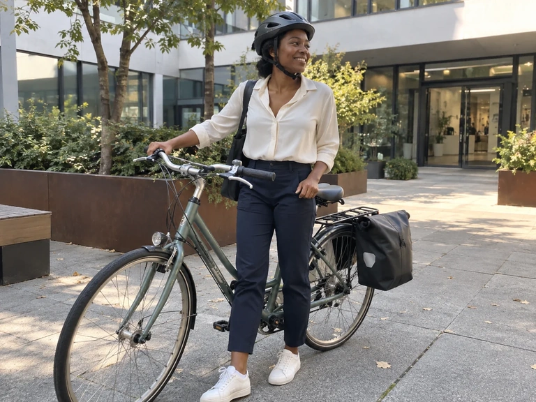 Une cycliste en tenue de ville prépare son vélo devant son bureau