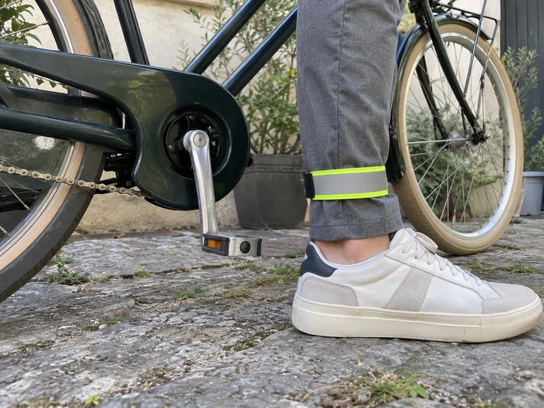 Un bas de pantalon maintenu près de la cheville à côté d’un vélo à l’arrêt