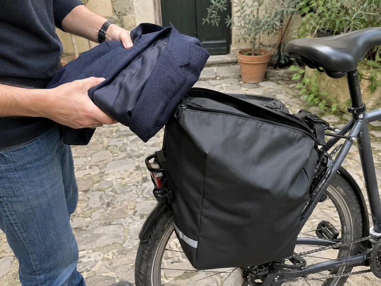 Une sacoche fixée à un vélo et une veste préparée pour le bureau